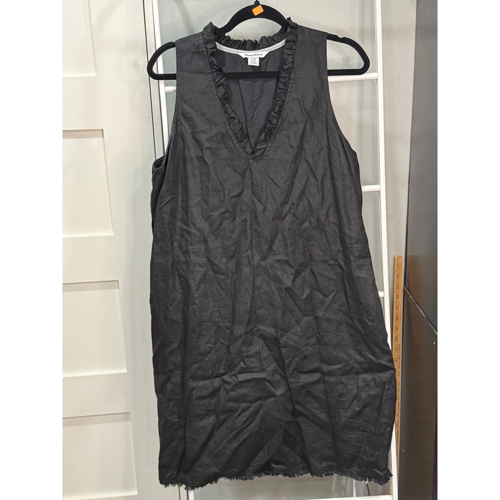 Tommy Bahama Black Linen Ruffle V-Neck Sleeveless Shift Dress Frayed Hem L Boho
